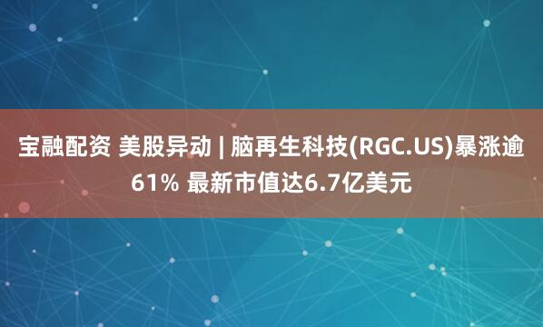 宝融配资 美股异动 | 脑再生科技(RGC.US)暴涨逾61% 最新市值达6.7亿美元